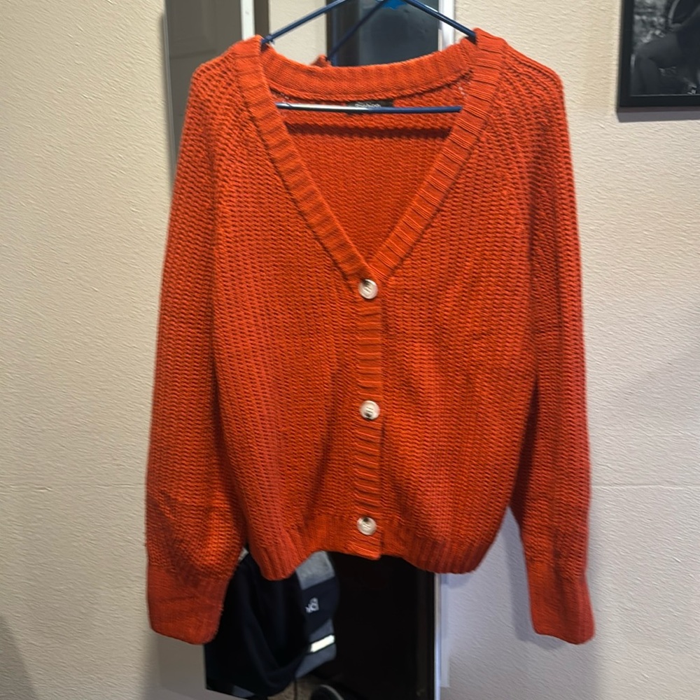Orange/red knit button up sweater M